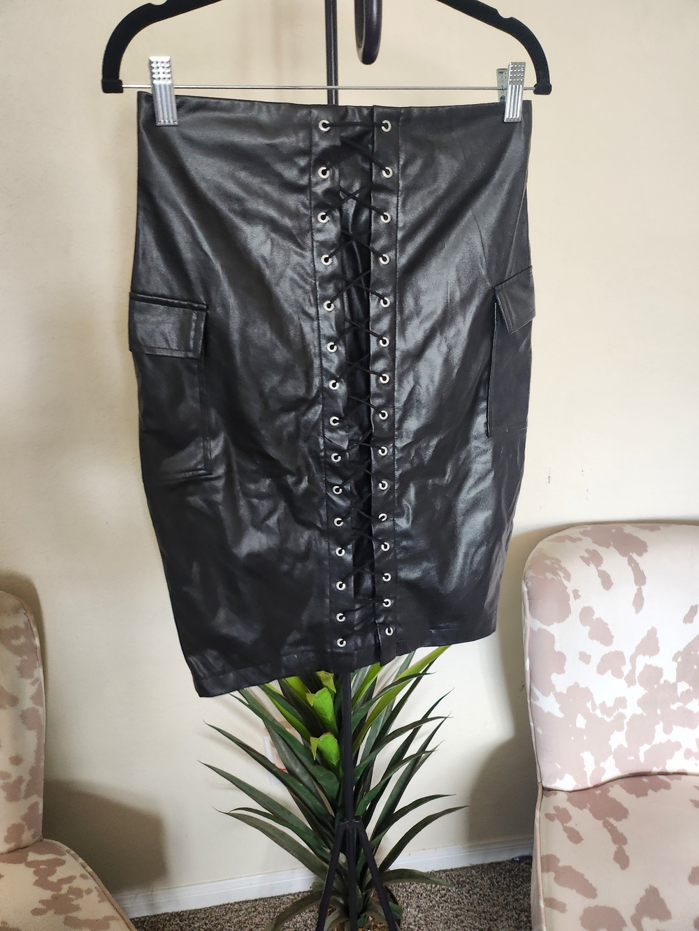Jealous Tomato Black Faux Leather Lace-Up Pencil Skirt